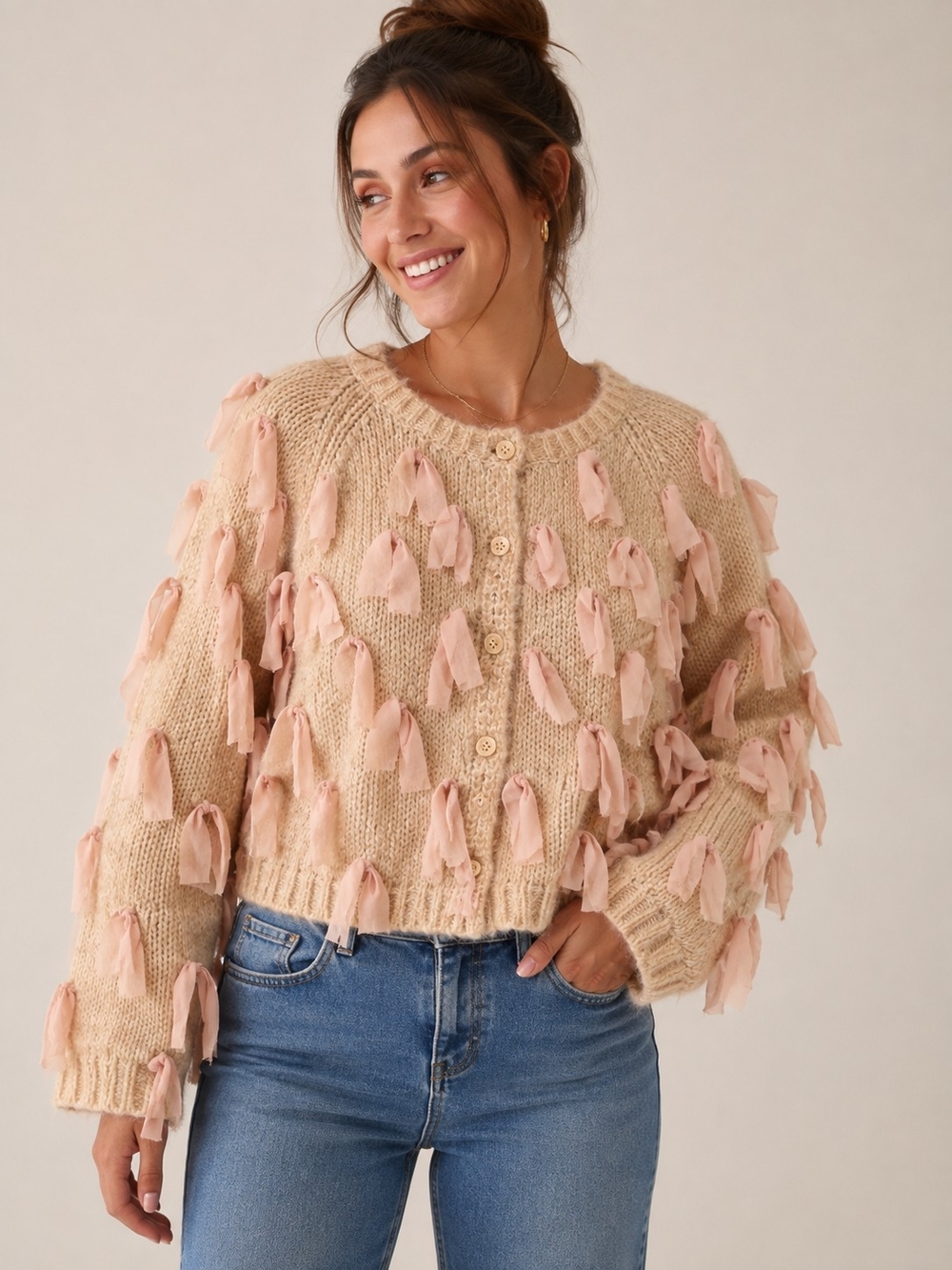 Free the Roses Beige Cardigan with Pink Tassels
